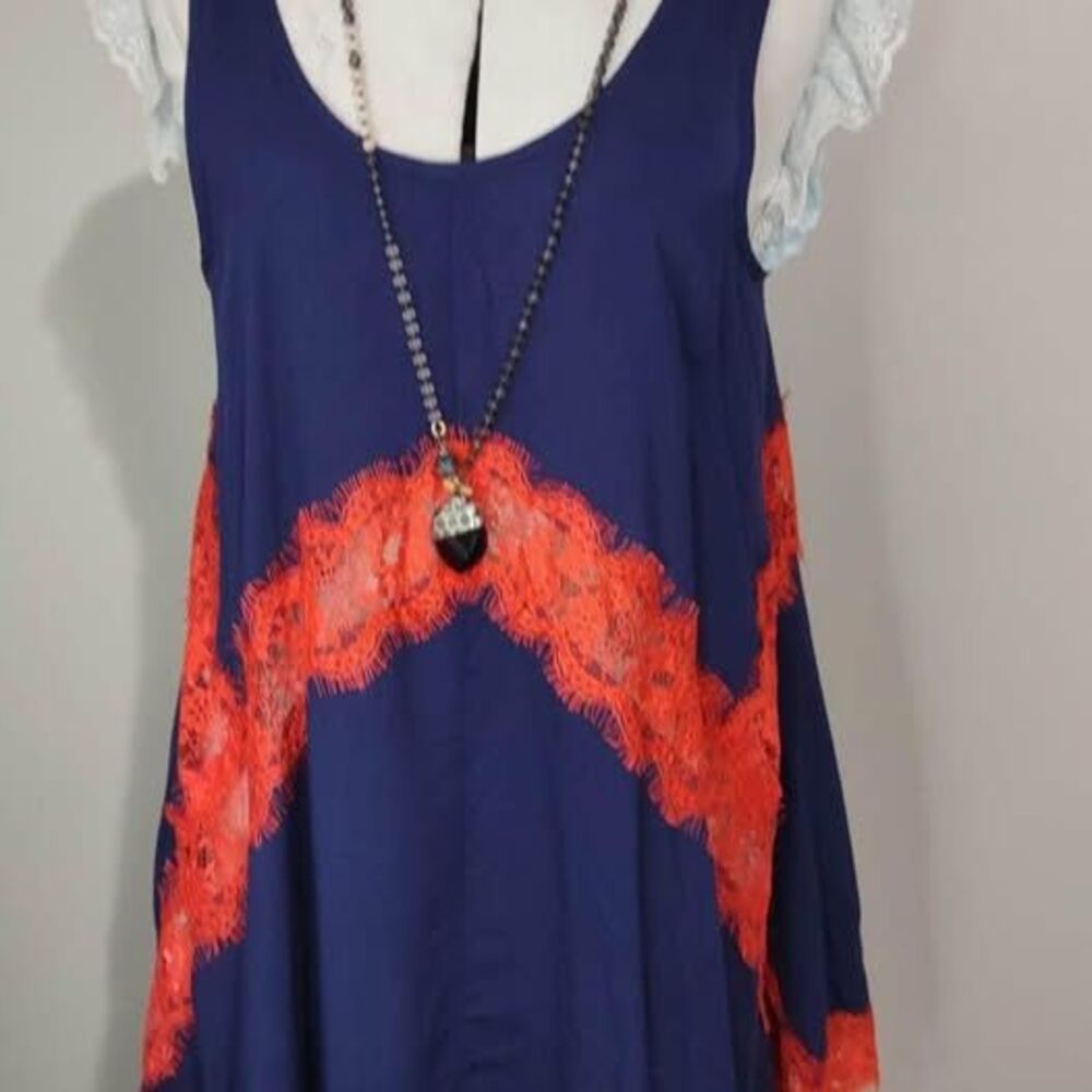 NWT Tunic Blouse Medium Umgee Sleeveless Blue & Orange  29” length C7186